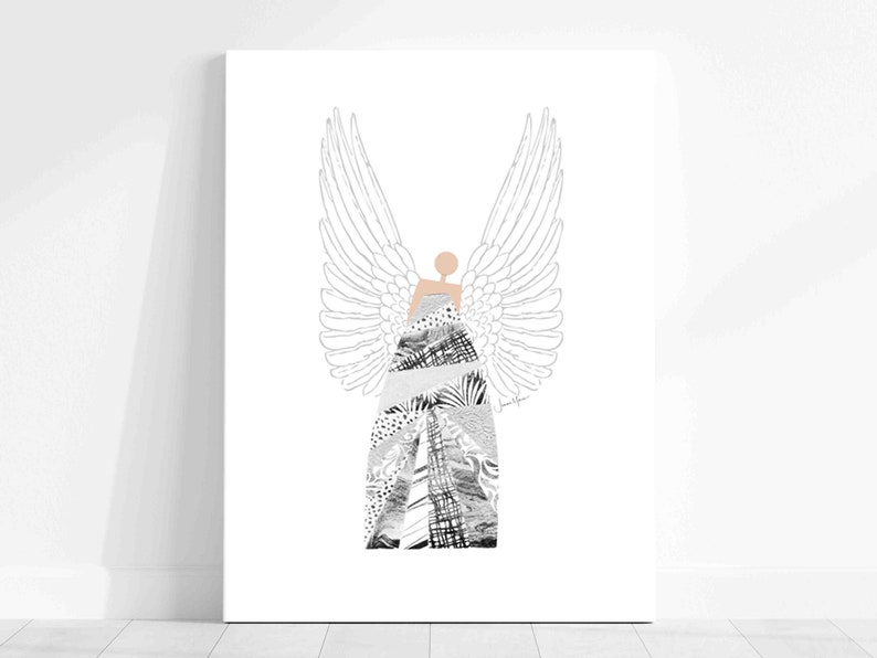 May include: A black and white illustration of an angel with wings. The angel is wearing a dress made of different patterns and textures.