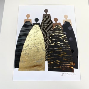 May include: Five abstract figures in black and gold dresses with different patterns. The figures are arranged in a row, with the tallest figure in the center. The artwork is signed "Jenna Mini 2022".