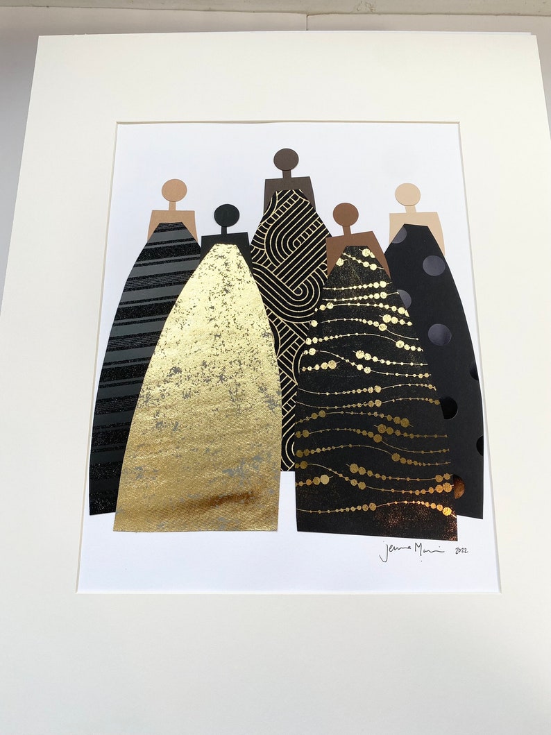May include: Five abstract figures in black and gold dresses with different patterns. The figures are arranged in a row, with the tallest figure in the center. The artwork is signed "Jenna Mini 2022".