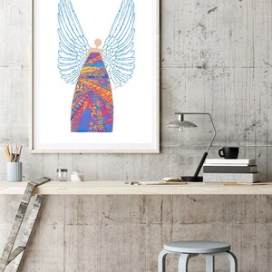 May include: A digital illustration of an angel with blue wings and a colourful patterned dress. The angel is standing on a white background.