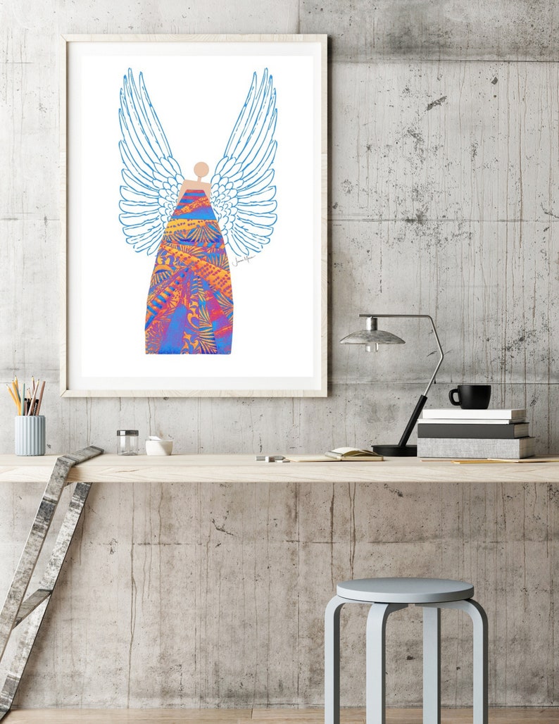 May include: A digital illustration of an angel with blue wings and a colourful patterned dress. The angel is standing on a white background.
