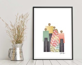 Minimalist Family Portrait, Family 4, Black Family, African American Portrait, Printable, Gift for mom, Gift for Dad, Black Love