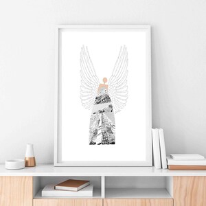 May include: A black and white illustration of an angel with wings. The angel is made up of a collage of different patterns and textures.