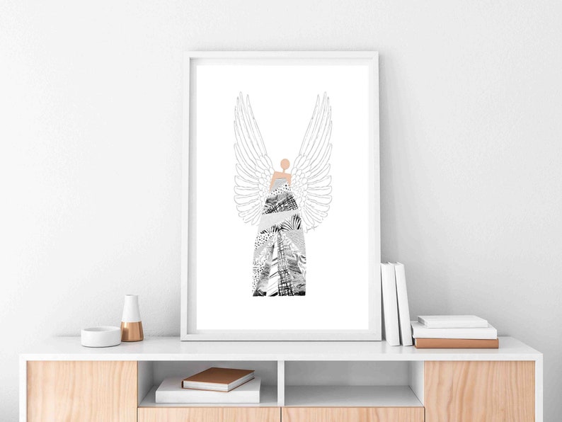 May include: A black and white illustration of an angel with wings. The angel is made up of a collage of different patterns and textures.