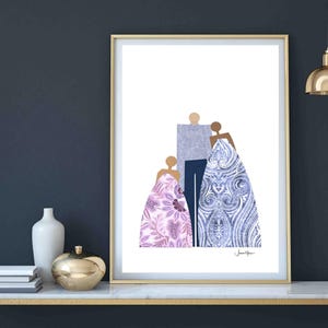 Interracial family, Biracial family Portrait, Family of 3,Multicultural art, Minimalist Portrait, people art, printable, affordable art,