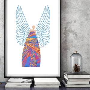 May include: A digital art print of an angel with blue wings and a colourful patterned dress. The print is framed in a black frame and is hanging on a wall.