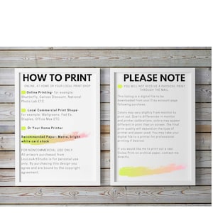 May include: A white framed printable guide with yellow highlights explaining how to print a digital file. The text includes "How to Print" and "Please Note".