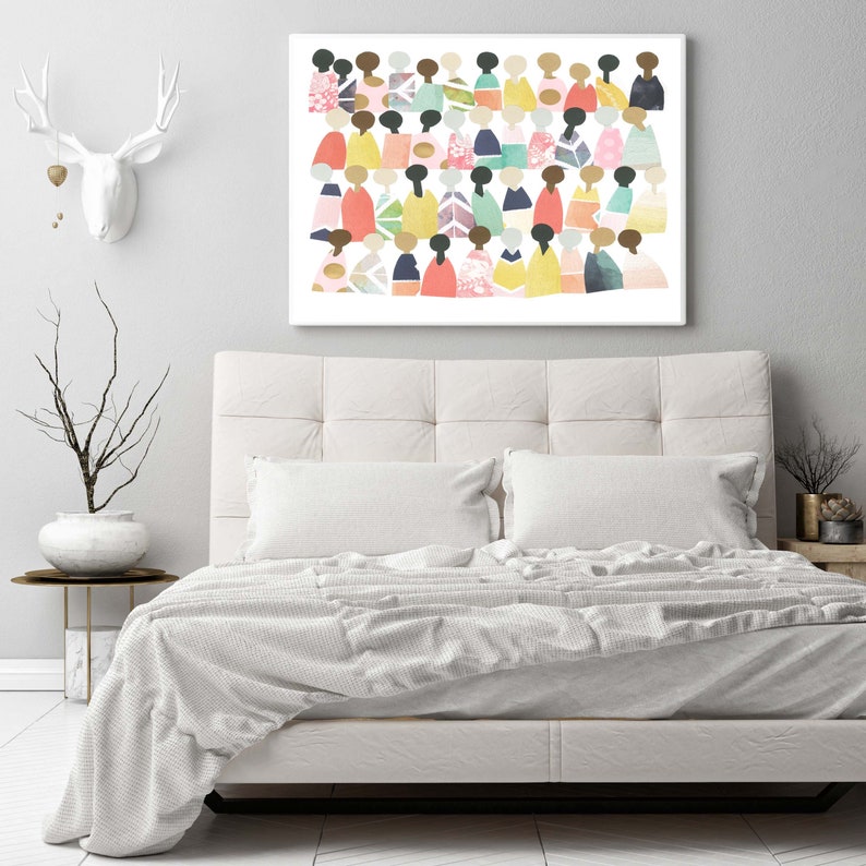 May include: Abstract art print featuring a group of colorful figures in various shades of pink, blue, green, yellow, and brown. The figures are arranged in a grid pattern, creating a visually appealing and modern design.