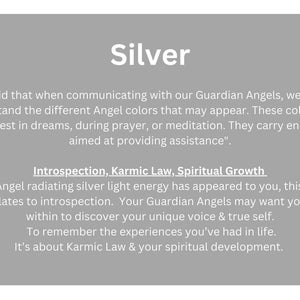 May include: A gray background with the word "Silver" in white text at the top. The text below explains the meaning of the color silver when it appears in dreams, during prayer, or meditation. The text also mentions that silver is associated with introspection, karmic law, and spiritual growth.