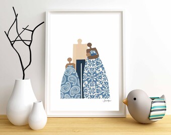 Family Portrait, Girl Dad art, Wedding gift, Black owned shops, Gift for Mom, Gift for Dad, Family of 4, African American