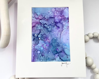 Alcohol Ink Abstract Painting, Navy Blue Purple Fluid Art, 8x10