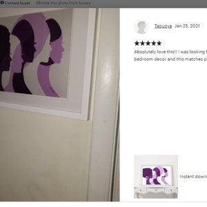 Peut inclure: Tableau encadr&eacute; repr&eacute;sentant des profils f&eacute;minins stylis&eacute;s en nuances de violet et de noir. L'&oelig;uvre est pr&eacute;sent&eacute;e dans un cadre blanc, ajoutant une touche moderne &agrave; la d&eacute;coration. L'art est un t&eacute;l&eacute;chargement num&eacute;rique.