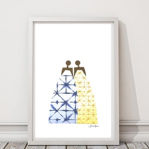 May include: A watercolor painting of two figures wearing dresses with geometric patterns. The dress on the left is blue and white, and the dress on the right is yellow and white. The painting is signed "Jane Moore".