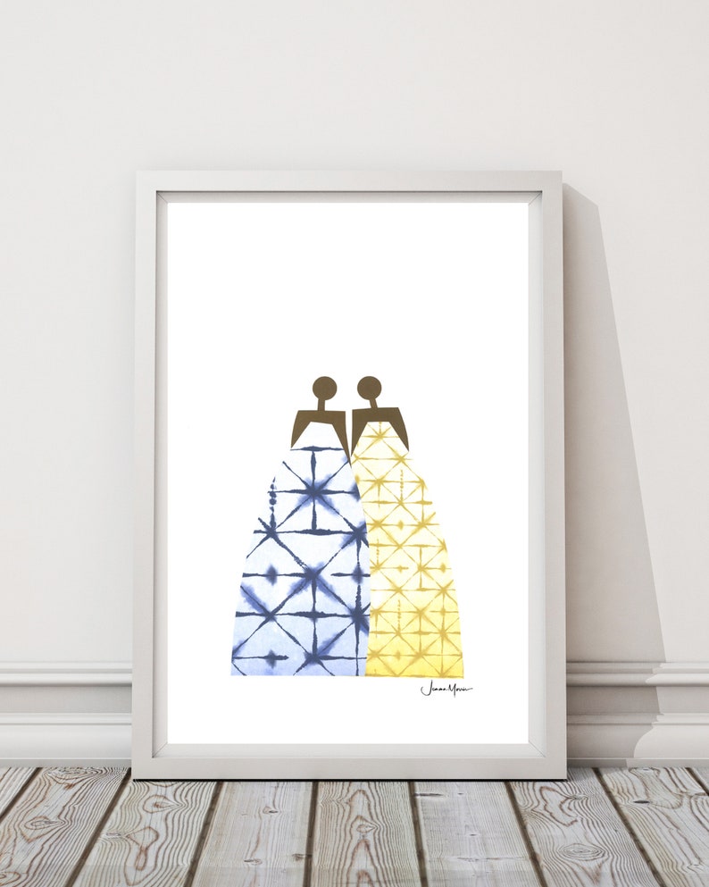 May include: A watercolor painting of two figures wearing dresses with geometric patterns. The dress on the left is blue and white, and the dress on the right is yellow and white. The painting is signed "Jane Moore".