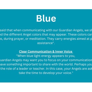 May include: Blue background with the word "Blue" in large white letters. The text below explains that when communicating with guardian angels, blue light energy may appear, indicating a need to focus on communication skills and developing one's inner voice.