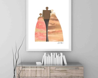 Interracial family, Biracial family Portrait, Family of 3,Multicultural art, Minimalist Portrait, people art, printable, affordable art,