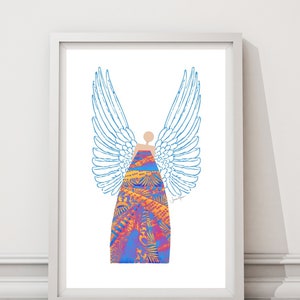 May include: A digital illustration of an angel with blue wings and a colourful patterned dress. The angel is standing on a white background.