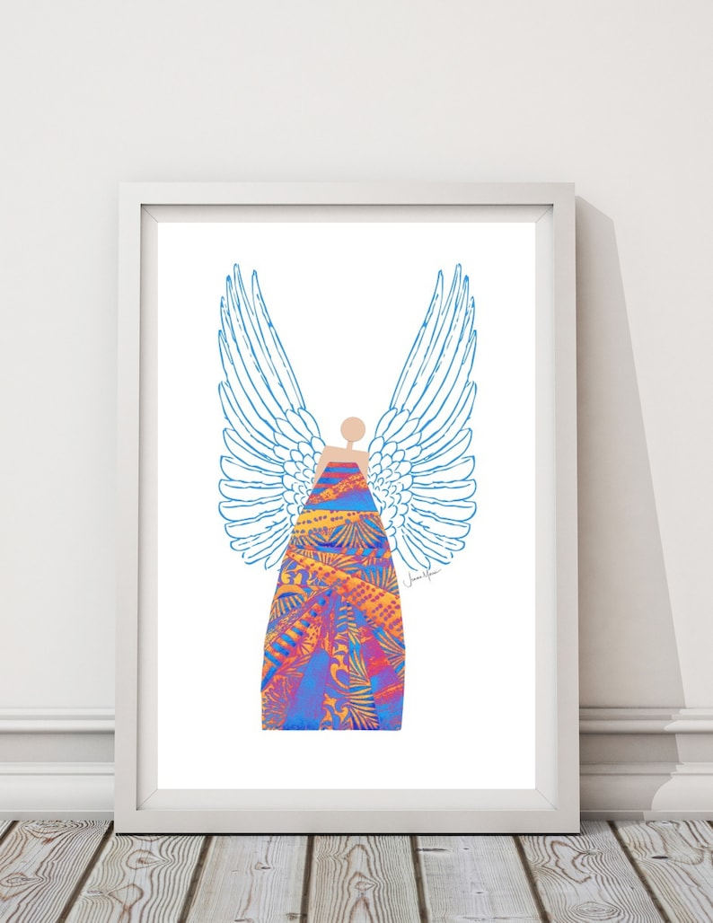 May include: A digital illustration of an angel with blue wings and a colourful patterned dress. The angel is standing on a white background.