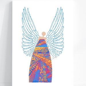 May include: A digital illustration of an angel with blue wings and a colourful patterned dress. The angel is depicted in a minimalist style with a simple outline and no facial features.