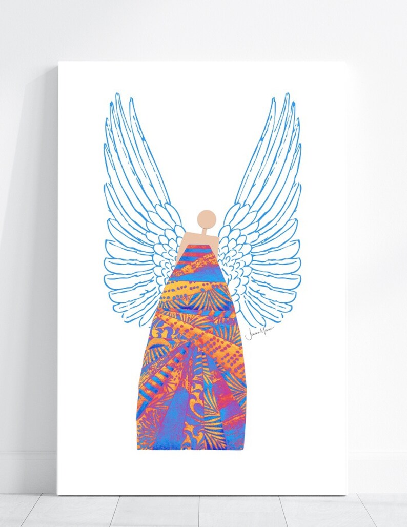 May include: A digital illustration of an angel with blue wings and a colourful patterned dress. The angel is depicted in a minimalist style with a simple outline and no facial features.