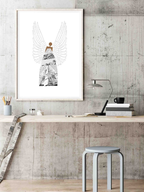Christmas Silver Angel, Black Religious Art, Angel art, Modern Christian Art, Spiritual wall art, angel wall art, art deco angel