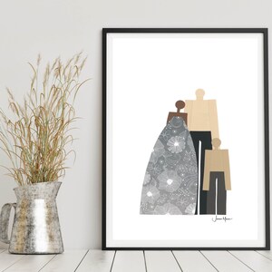 Biracial family Portrait, Family of 3,Multicultural art, Minimalist Portrait, people art, printable, affordable art, African American Artist