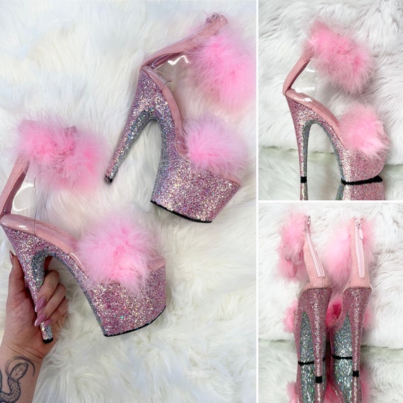 Pink Feather Glitter Heels Custom 