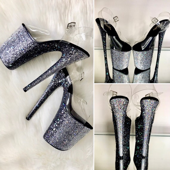black and silver glitter heels