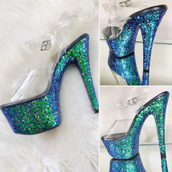 blue and green sequin heels