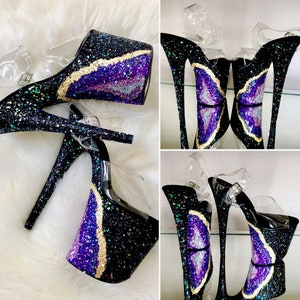 Amethyst Crystal Geode Black Glitter Heels - Custom Pole Dance / Exotic / Stripper Heels / Pleaser