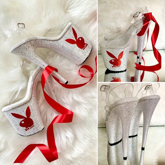 White Red Bunny Glitter Heels Custom 