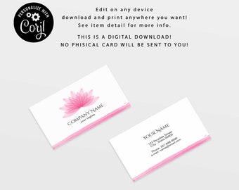 Watercolor Lotus Flower Business Card Template (Digital Download)