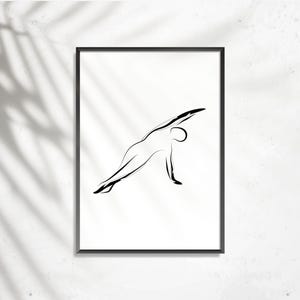 Arte abstracto de líneas corporales de Pilates, postura de flexión lateral, decoración de pared minimalista moderna, arte de fitness imprimible para el hogar o estudio, descarga instantánea
