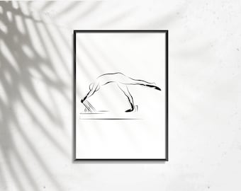 Postura del elefante reformer de Pilates con una pierna, arte mural imprimible con movimiento elegante, arte de fitness / Impresión artística de Pilates reformer