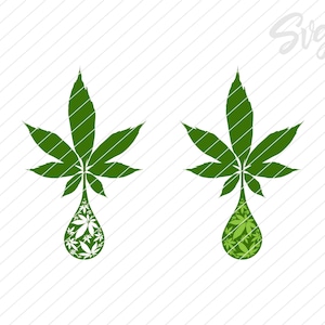 May include: Two green cannabis leaf designs with a single green cannabis leaf drop hanging from the bottom of each leaf. The drops are filled with smaller white cannabis leaves.