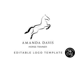 Pode incluir: Logotipo em preto e branco de um cavalo saltando, desenhado com linhas. O texto "Amanda Davis Horse Trainer Editable Logo Template" está abaixo da imagem. Um pequeno círculo preto com o texto "Personalizar com Corjl" está no canto inferior direito.