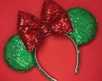 Green and Red Sequin Mouse Ears Headband