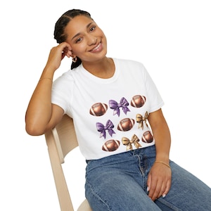 LSU Tigers Inspired Football T-Shirt, Purple Gold Bow Women&#39;s Tee, Unisex Softstyle Shirt, LSU Football Fan Apparel, Game Day Shirt