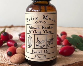 Botanical Facial Oil - Organic Rosehip Oil, Cold Pressed Sweet Almond Oil with Ylang Ylang Essential Oil, Salix Moon Apothecary