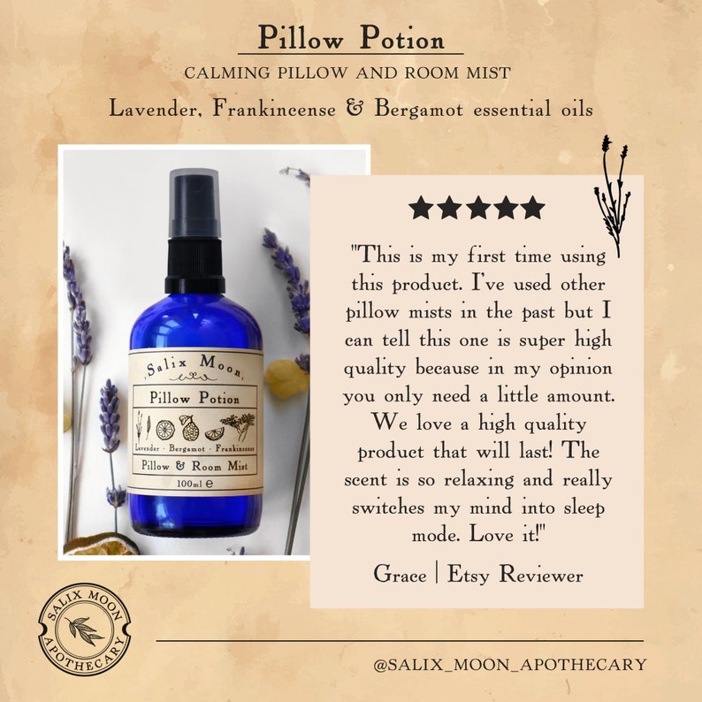 May include: A blue glass bottle with a white label that reads "Salix Moon Pillow Potion Lavender, Bergamot, Frankincense Pillow & Room Mist 100ml e". The bottle is sitting on a white surface with lavender flowers and citrus fruit slices.