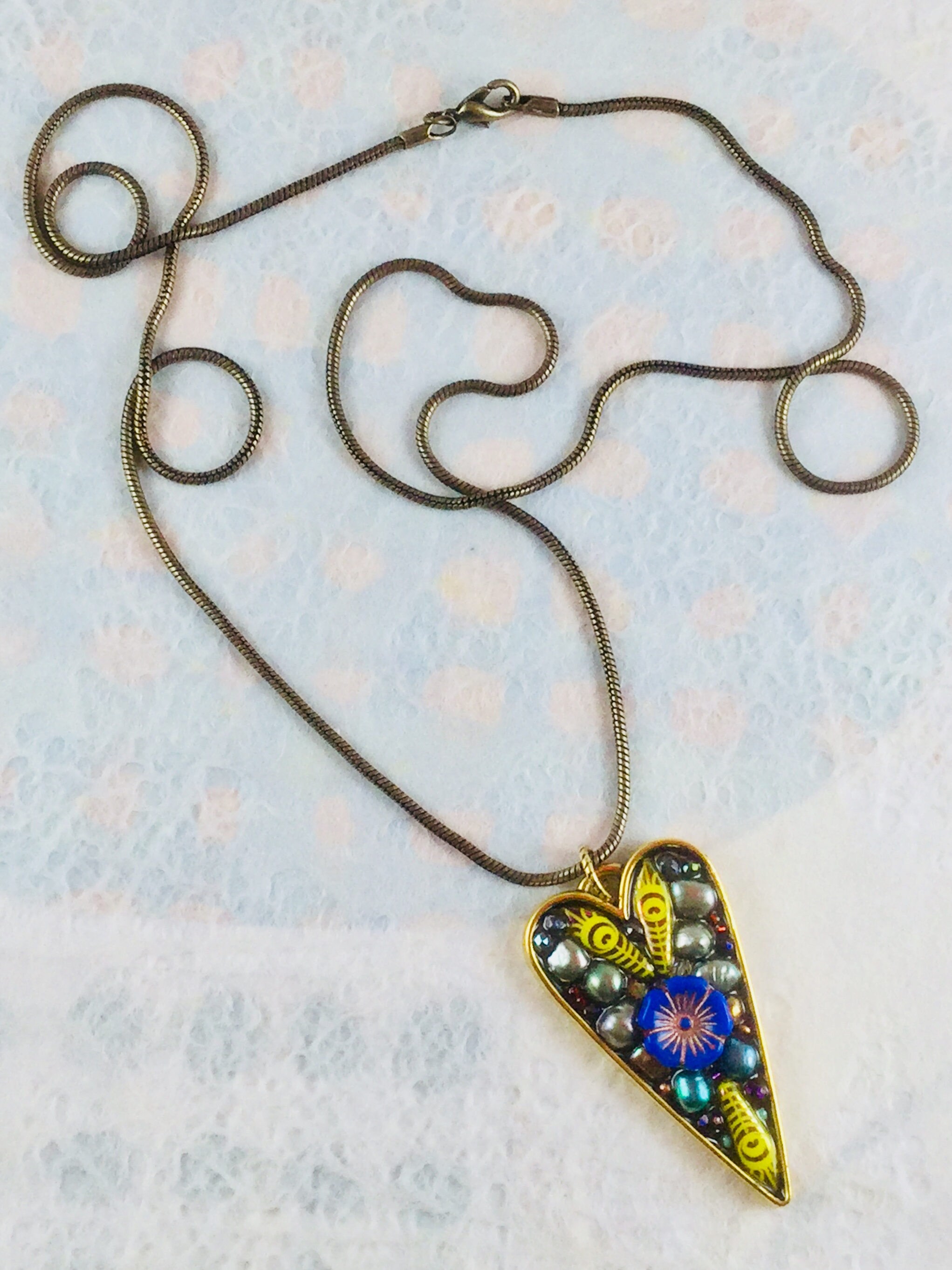 Beaded Mosaic Heart Pendant Necklace Etsy