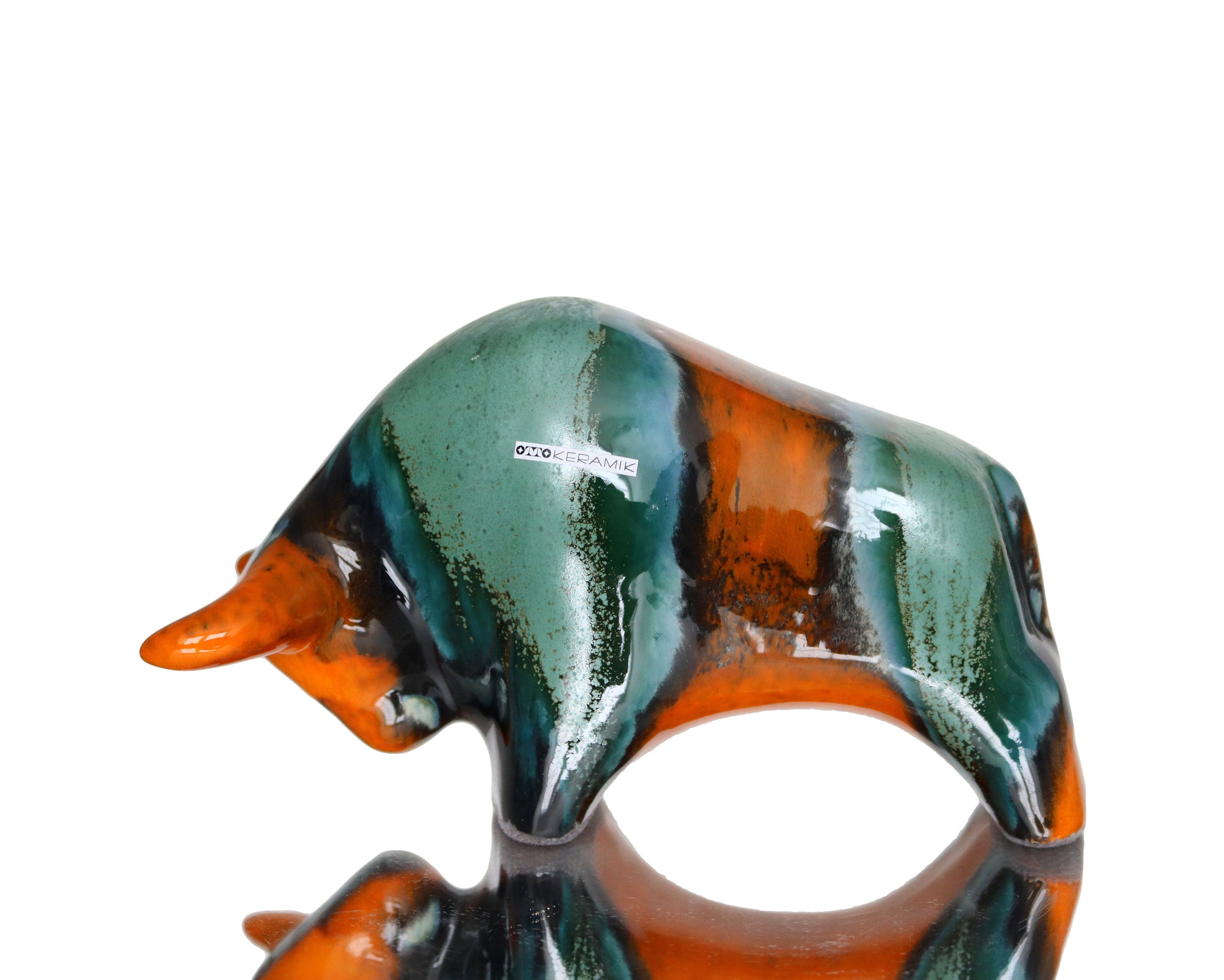 Ceramic Bull Figurine in Orange & Green - Retro Design