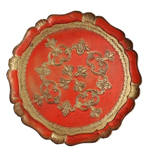 Round Plastic Florentine Tray in Gold & Red - Vanity Tray
