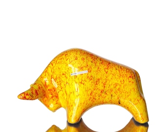 Ceramic Bull Figurine in Orange & Green - Retro Design