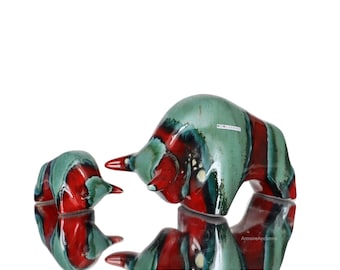 1x Ceramic Bull Figurine in Red & Green - OTTO KERAMIK
