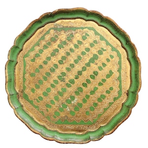 Large Round Wooden Italian Florentine Tray in Green & Gold