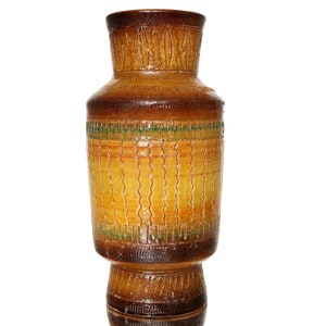 Può includere: Un vaso alto in ceramica marrone con un motivo geometrico. Il vaso ha una base larga e un collo stretto. Il motivo è in tonalità di marrone, giallo e verde.