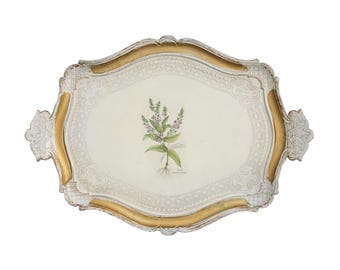 Large Plastic Florentine Tray in White and Gold, Botanical Print