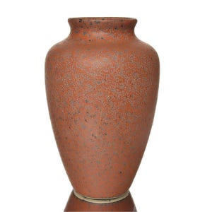 Op de afbeelding: Een terracotta vaas met een gespikkelde textuur. De keramische vaas heeft een brede body en een smalle hals. Het oppervlak is getextureerd met kleine, donkergrijze stippen. De basis is een lichtere tint terracotta.