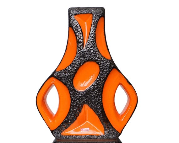 Orange ROTH Guitar Vase With Black Fat Lava Decor, Model 312